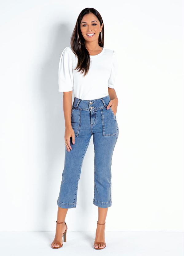 

Calça Jeans Cropped com Bolsos Frontais Sawary, Azul