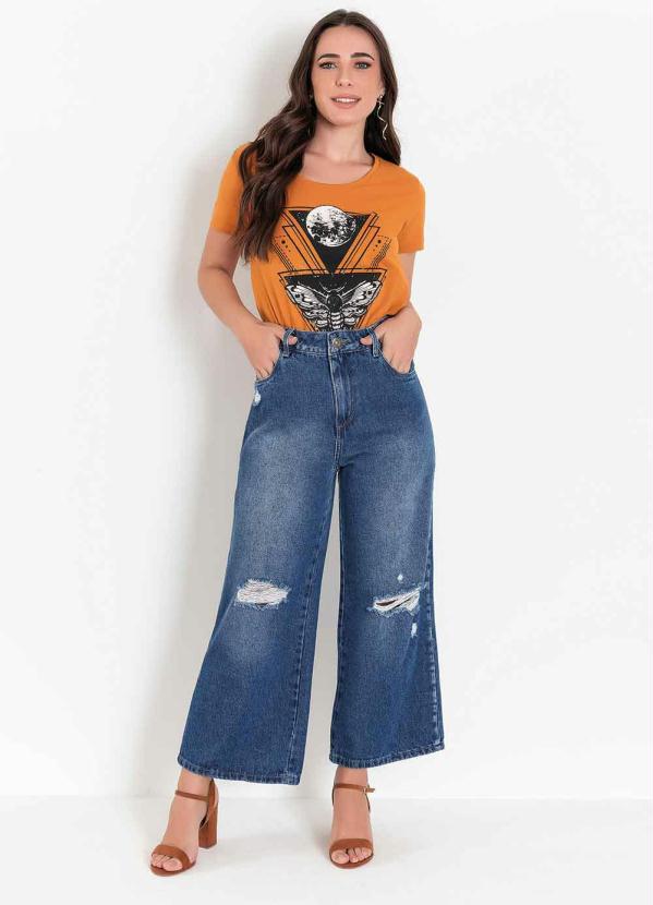 

Calça Jeans Pantacourt com Puídos Sawary, Azul