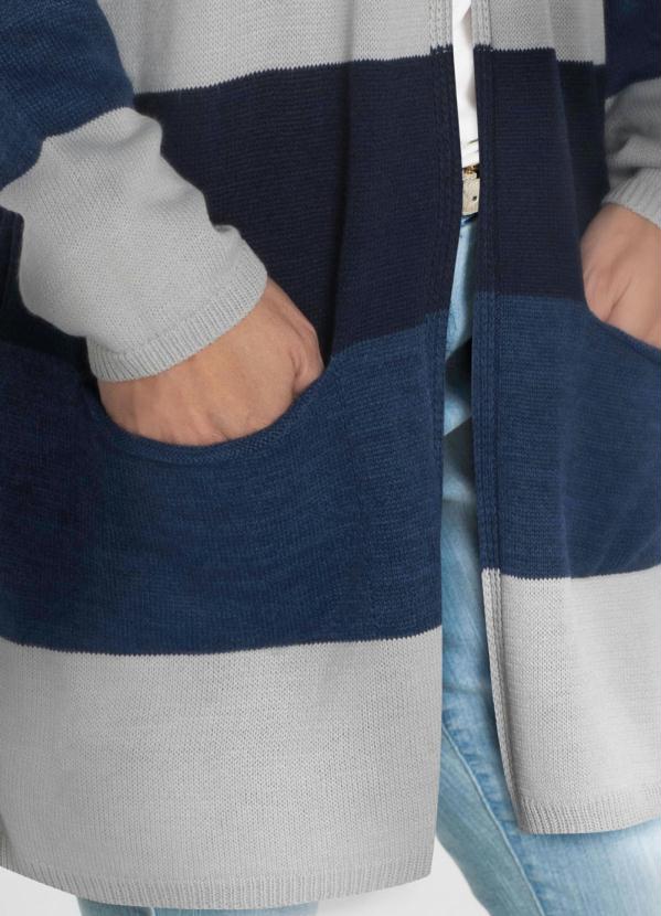 

Cardigan de Tricô Alongado Listrado Azul