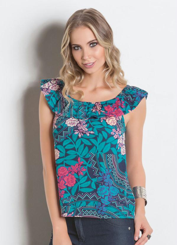 

Blusa Ciganinha Estampada com Babado no Decote, Azul