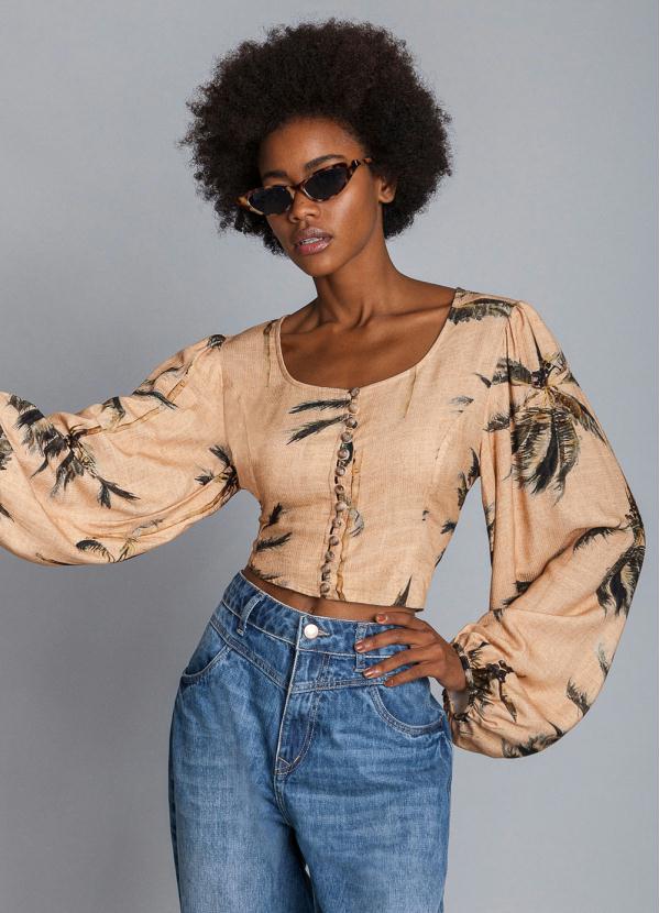 

Blusa Cropped Manga Bufante Bege