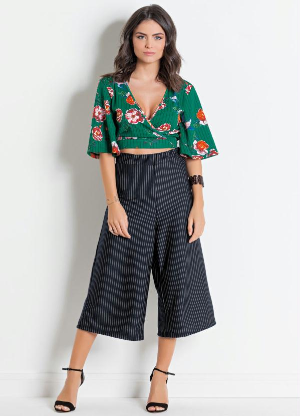 

Cropped de Mangas Amplas Listrado e Floral, Verde