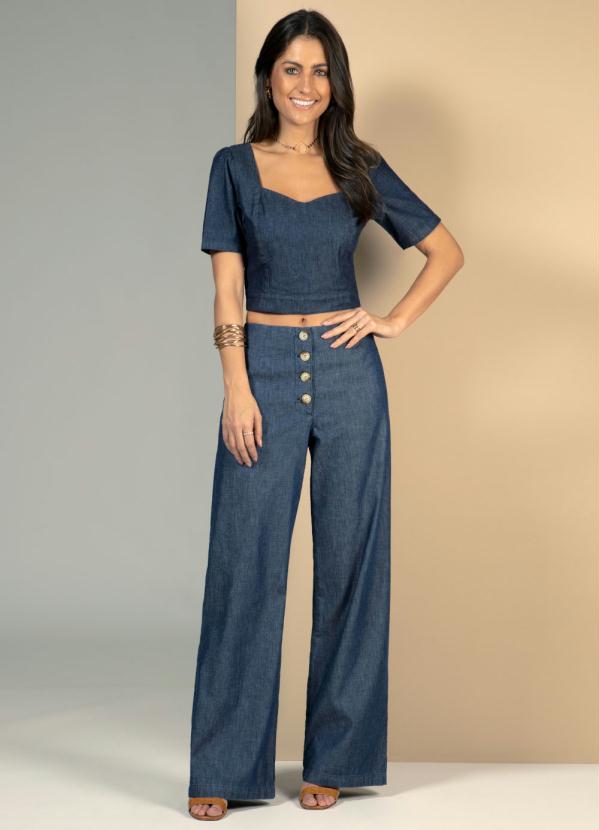 

Cropped Jeans com Amarração nas Costas, Azul