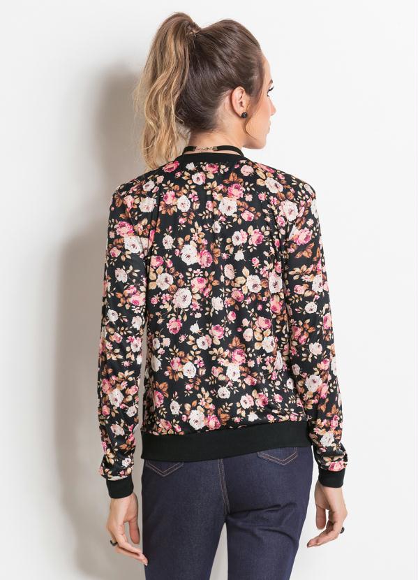 

Jaqueta Bomber Preta e Floral, Preto