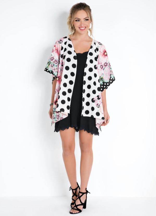 

Kimono Floral Poá Amplo com Abertura Lateral, Branco