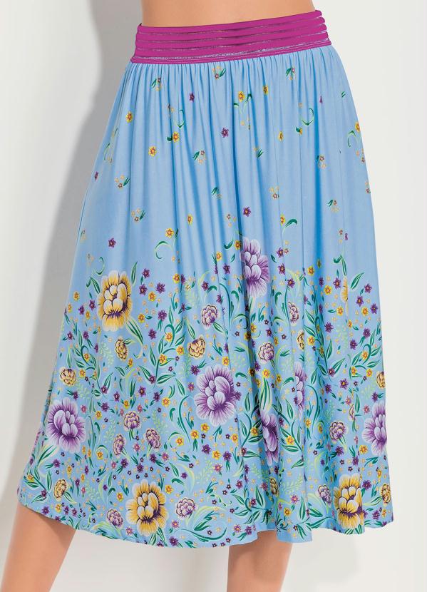 

Saia Midi Barrado Floral Azul com Cintura Alta