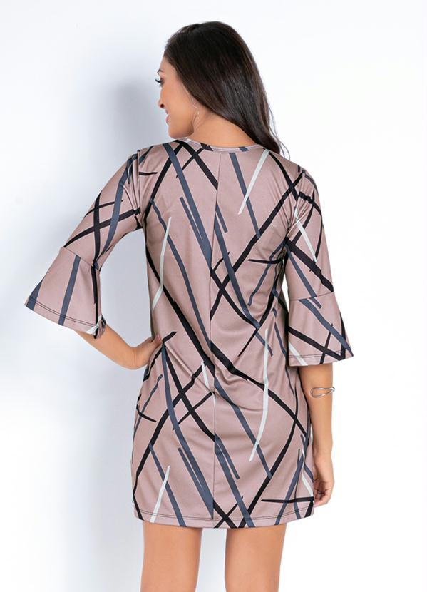 

Vestido Abstrato Marrom com Mangas com Babado