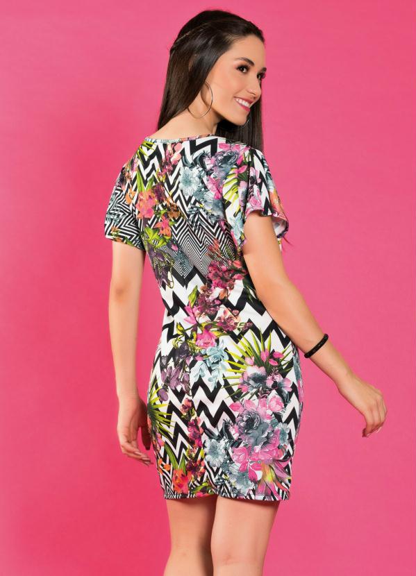 

Vestido Chevron Floral com Mangas Amplas, Preto