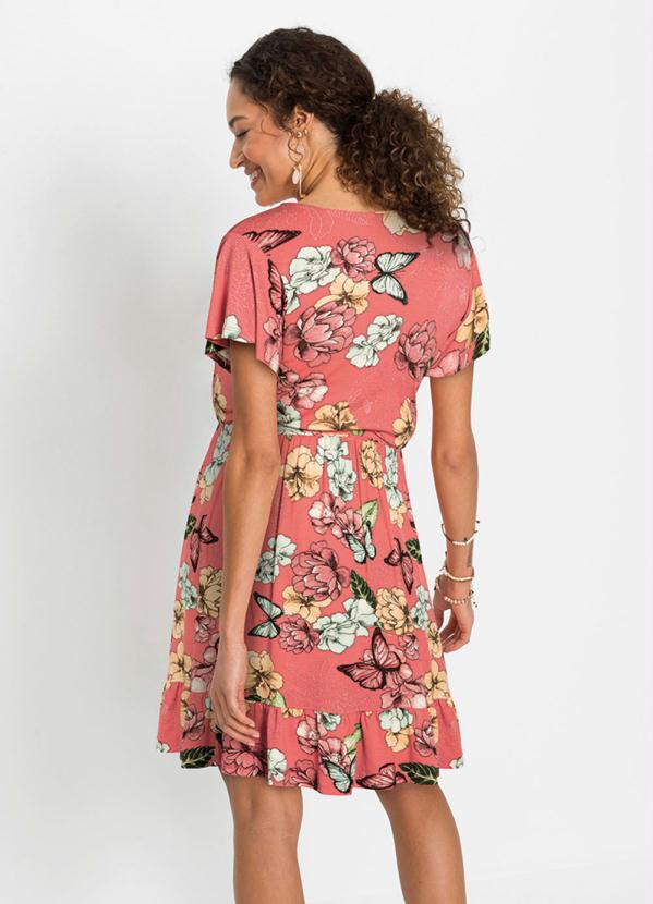 

Vestido com Decote Transpassado Floral Coral, Estampado