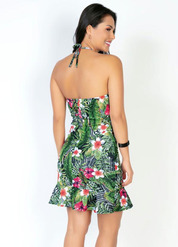 

Vestido Curto Floral com Babado, Verde