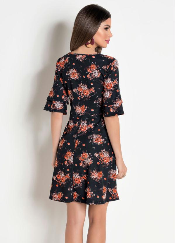 

Vestido Curto Floral Manga 3/4 com Babado, Preto