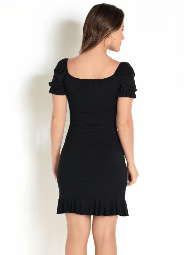 

Vestido Curto Preto com Mangas Curtas e Babado