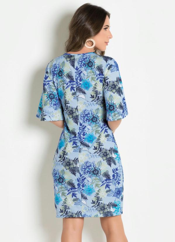 

Vestido Decote V e Mangas Amplas Floral, Azul