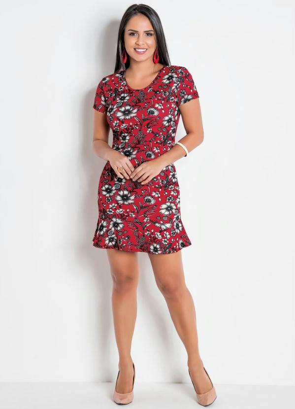 

Vestido Peplum Floral Decote Costas Profundo, Vermelho