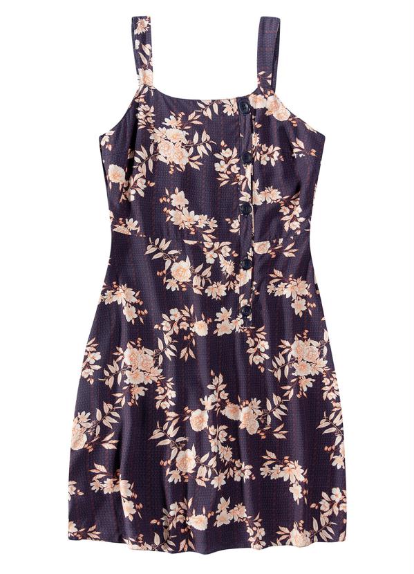 

Vestido Roxo Escuro Floral com Botões