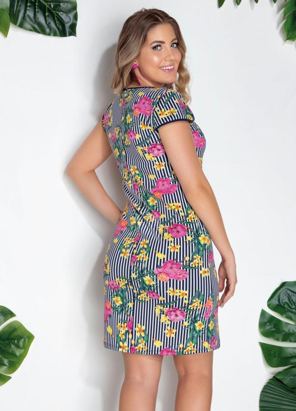 

Vestido Listrado com Flores com Manga Copinho, Azul