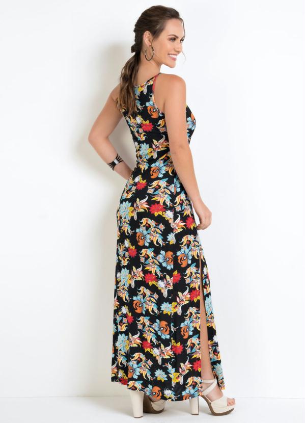 

Vestido Longo com Fenda Lateral Floral Escuro, Preto