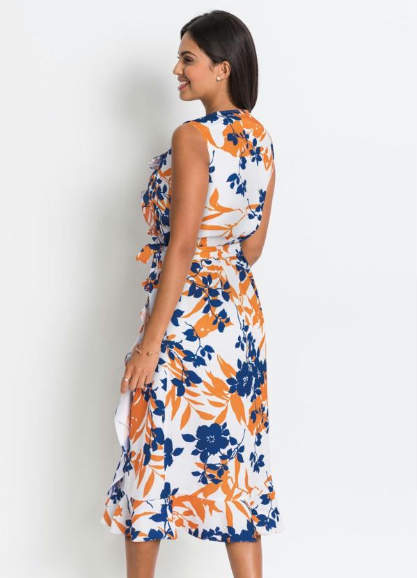 

Vestido Transpassado Floral Azul e Laranja