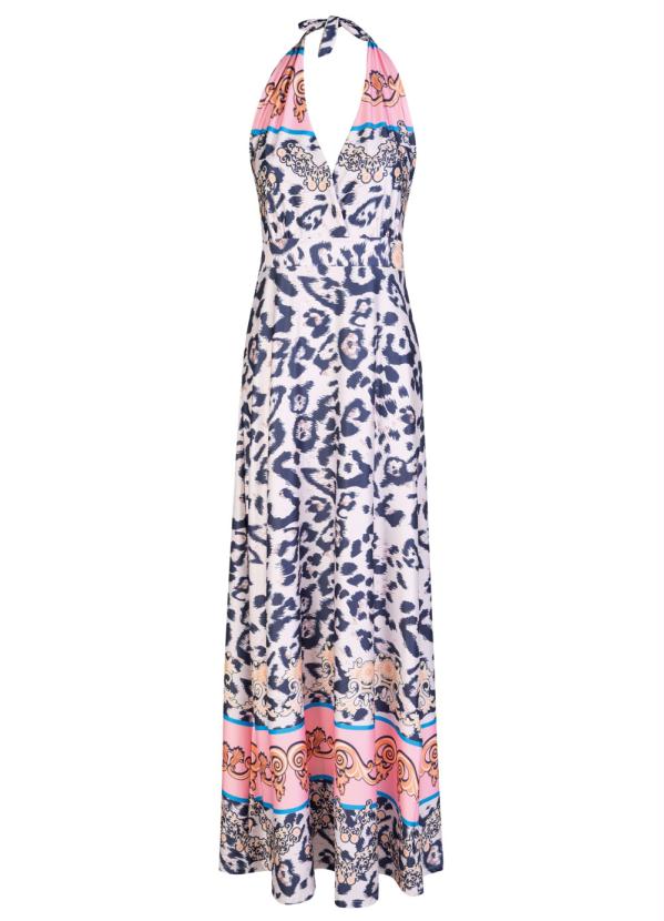 

Vestido Longo Animal Print Onça Bege e Rosa