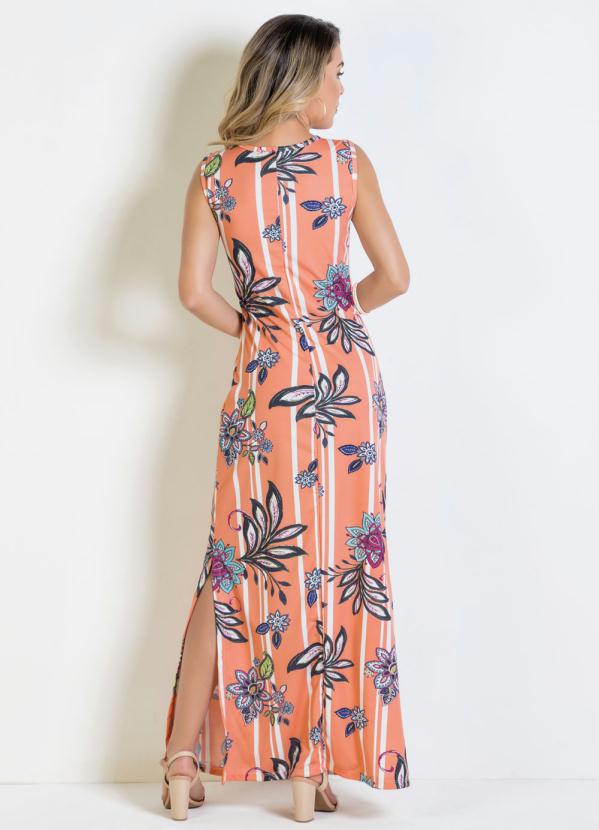 

Vestido Longo com Fendas Floral/Arabescos, Laranja