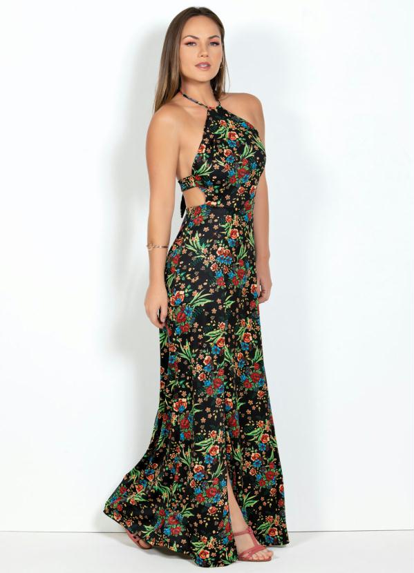 

Vestido Longo Floral com Amarração nas Costas, Preto