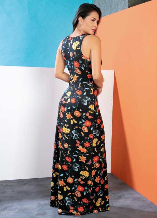 

Vestido Longo Floral sem Mangas, Preto