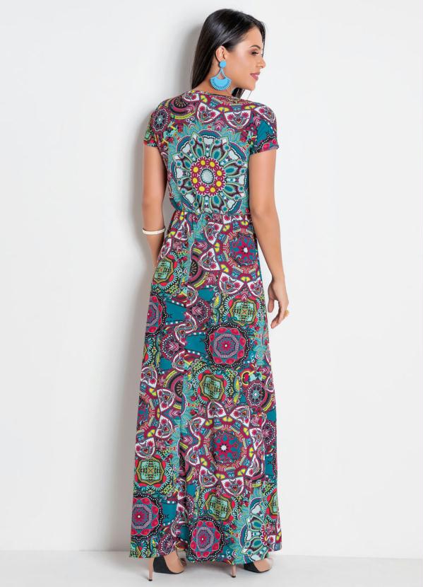 

Vestido Longo Mandala com Decote em V, Azul