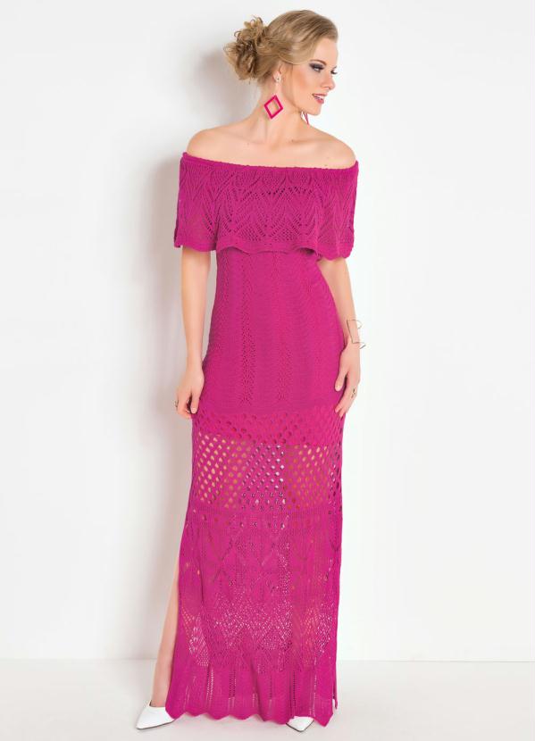 

Vestido Longo Pink com Babado no Decote, Rosa