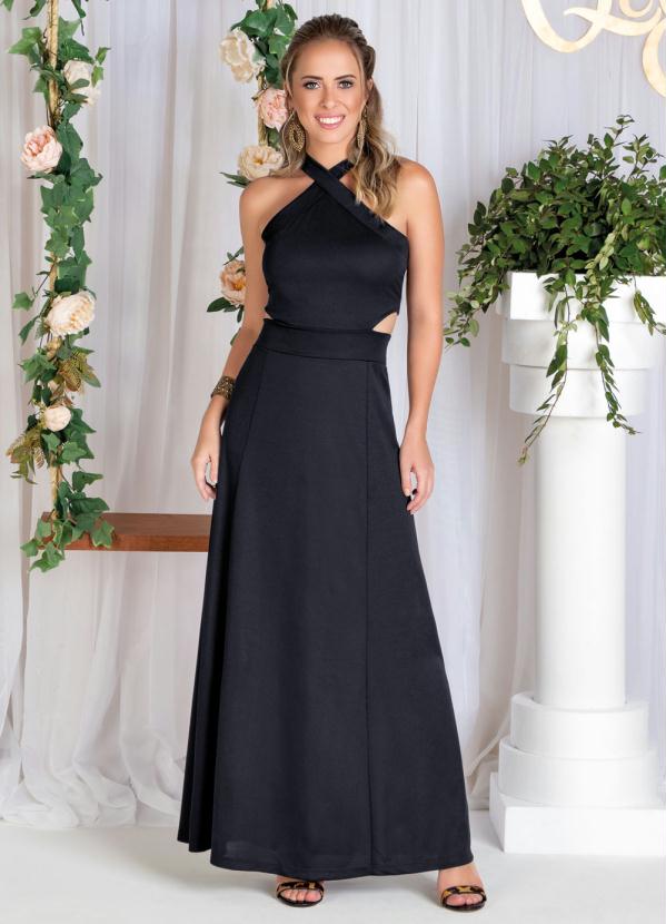 

Vestido Longo Preto com Decote Transpassado