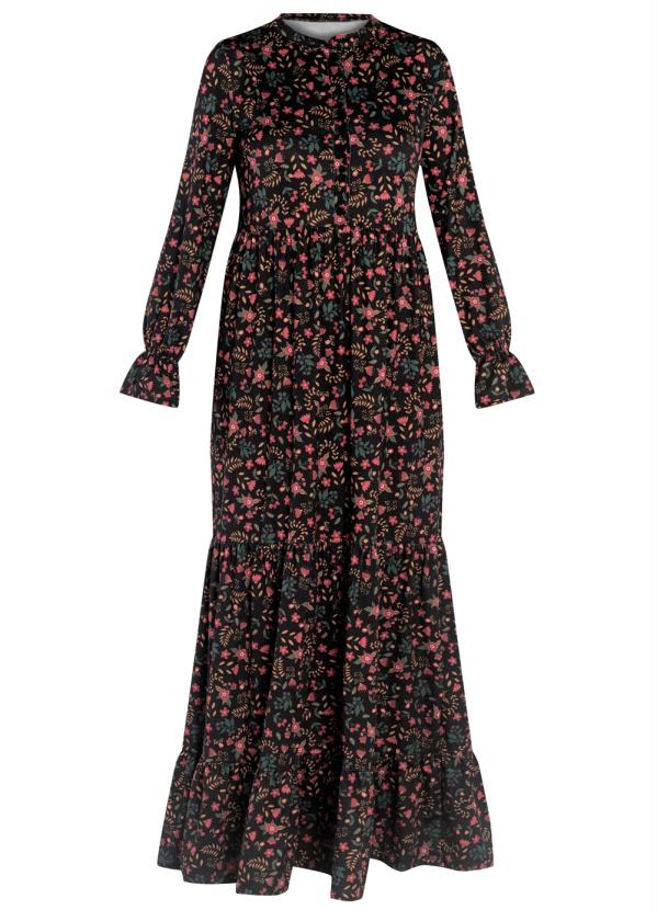 

Vestido Maxi Longo em Camadas Floral Preto