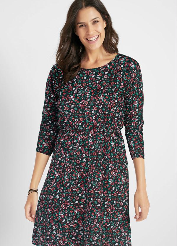 

Vestido Godê Franzido na Cintura Floral Preto