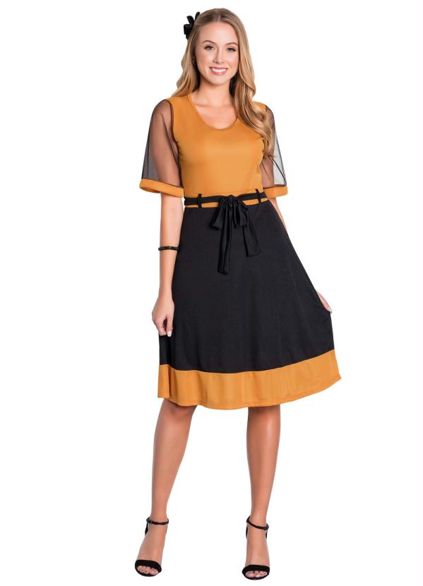 

Vestido Bicolor Moda Evangélica com Tule, Preto