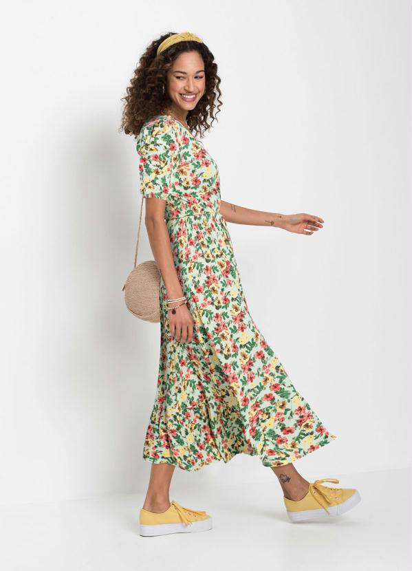 

Vestido com Decote V Transpassado Floral Verde, Estampado