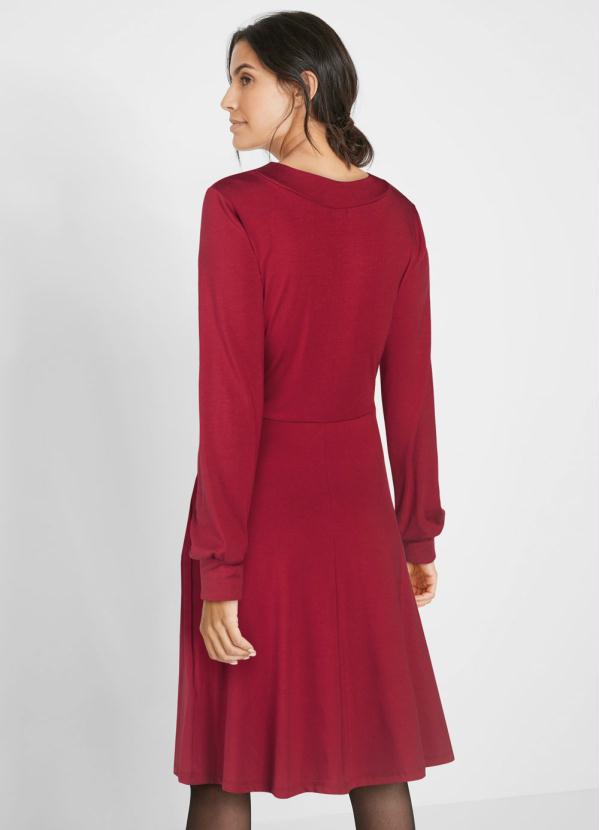 

Vestido com Deote Transpassado e Punhos Bordô, Vermelho