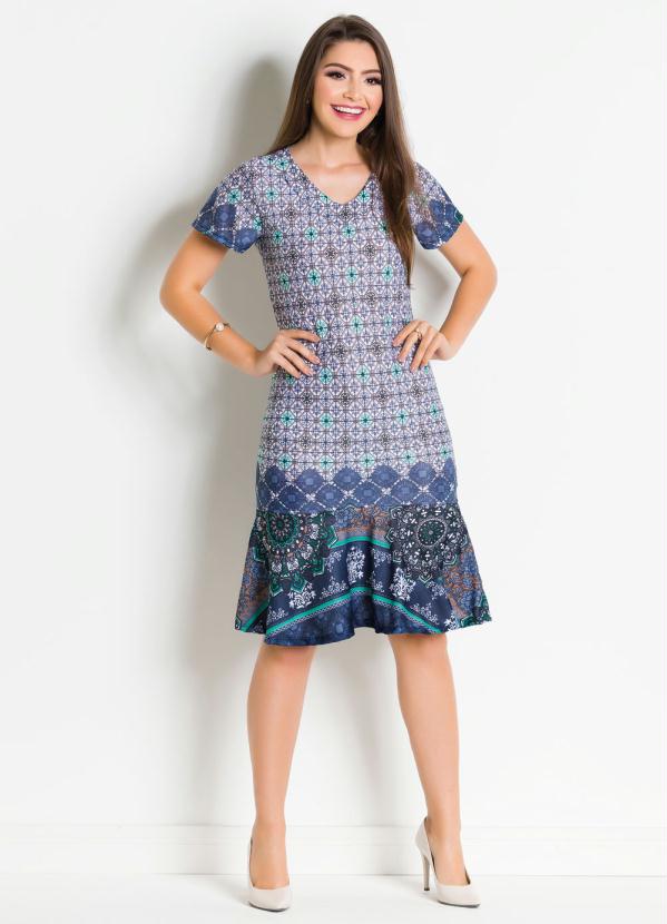 

Vestido com Babado na Barra Estampado, Azul