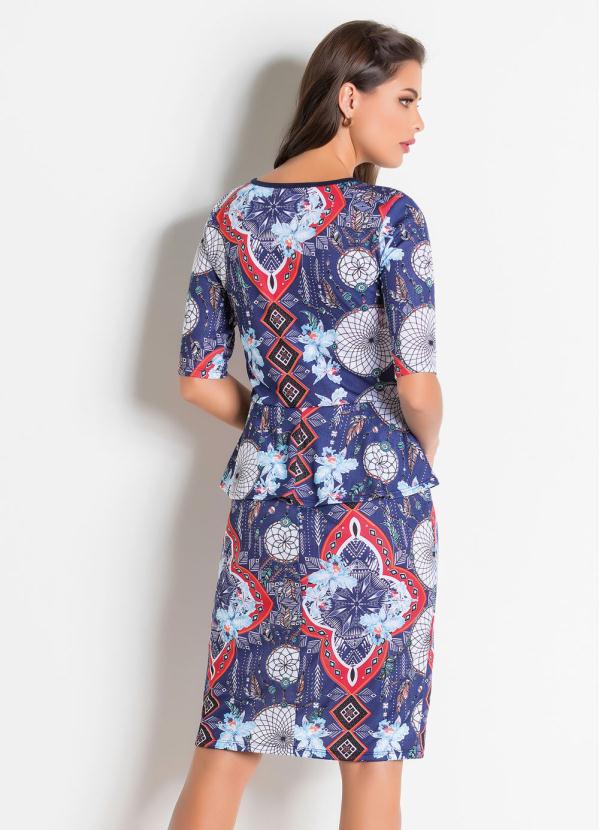 

Vestido Étnico com Babado na Cintura Estampado, Azul