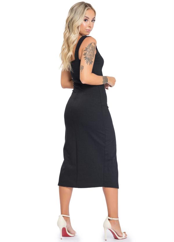 

Vestido Feminino Liso Midi com Fenda Preto