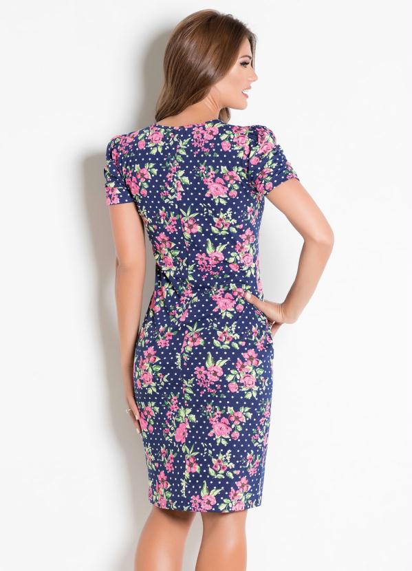 

Vestido Floral com Amarração Moda Evangélica, Azul