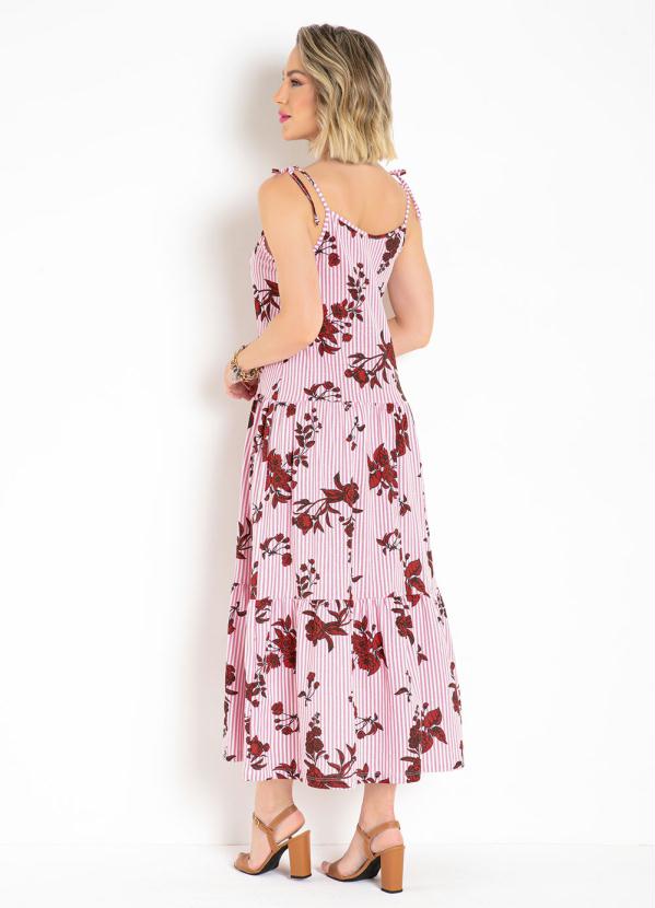 

Vestido Floral e Listras com Amarração nas Alças, Rosa