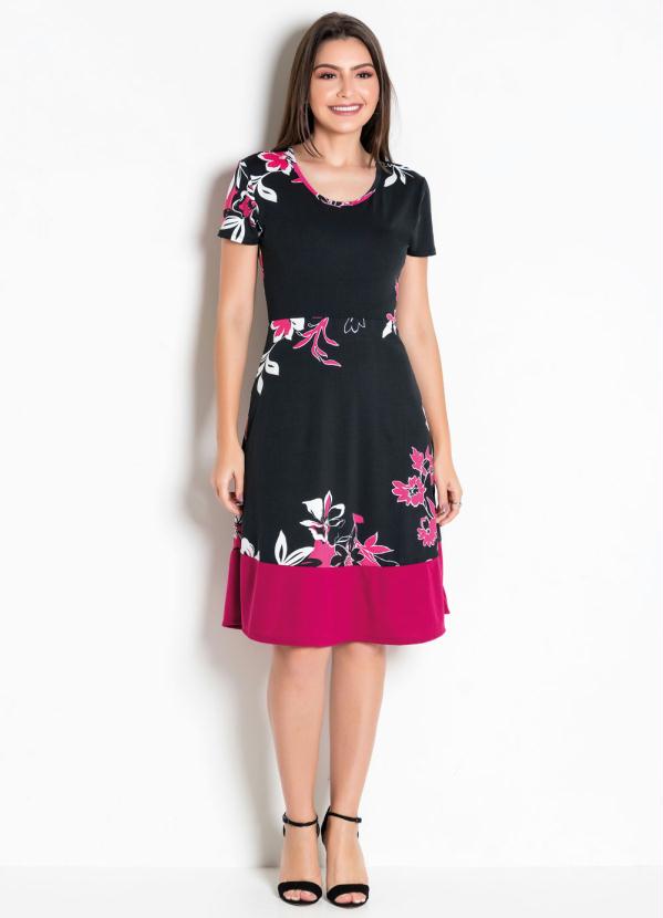 

Vestido Floral Moda Evangélica com Elástico, Preto