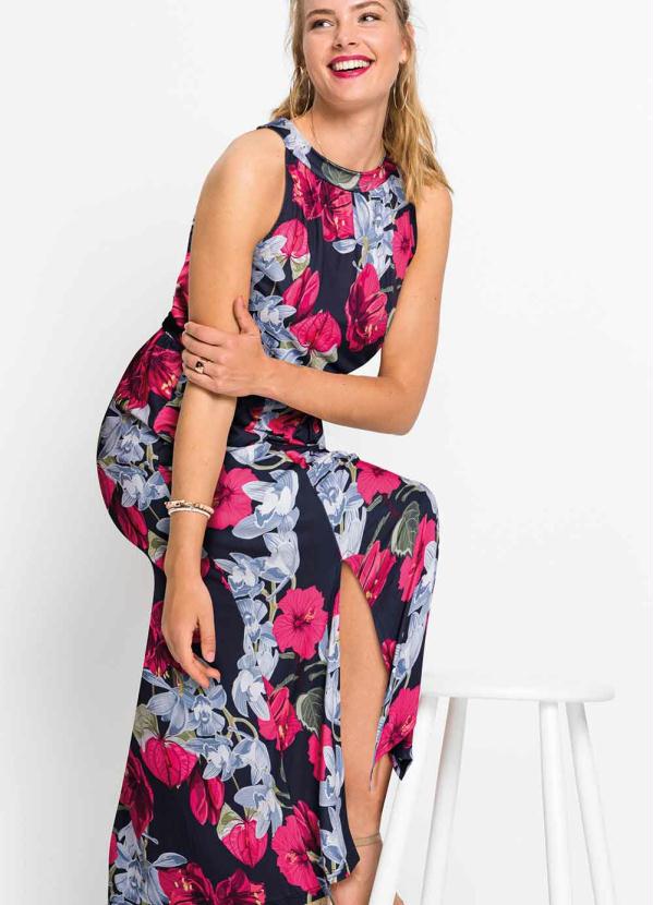 

Vestido Midi com Fendas Floral Verde, Preto