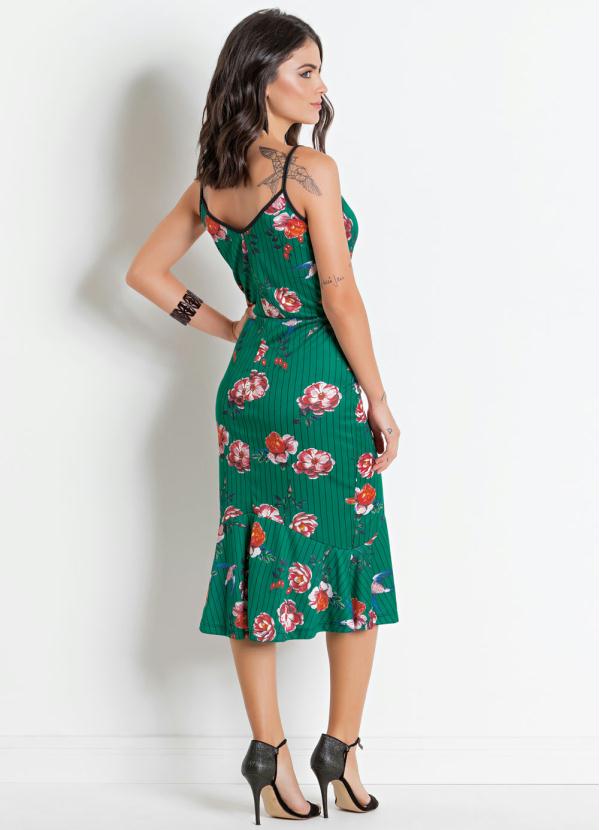 

Vestido Tubinho Midi de Alças Listras e Floral, Verde