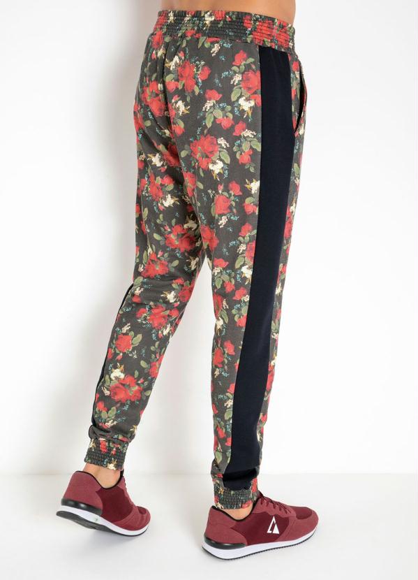 

Calça Floral Preta com Bolsos e Elástico, Preto