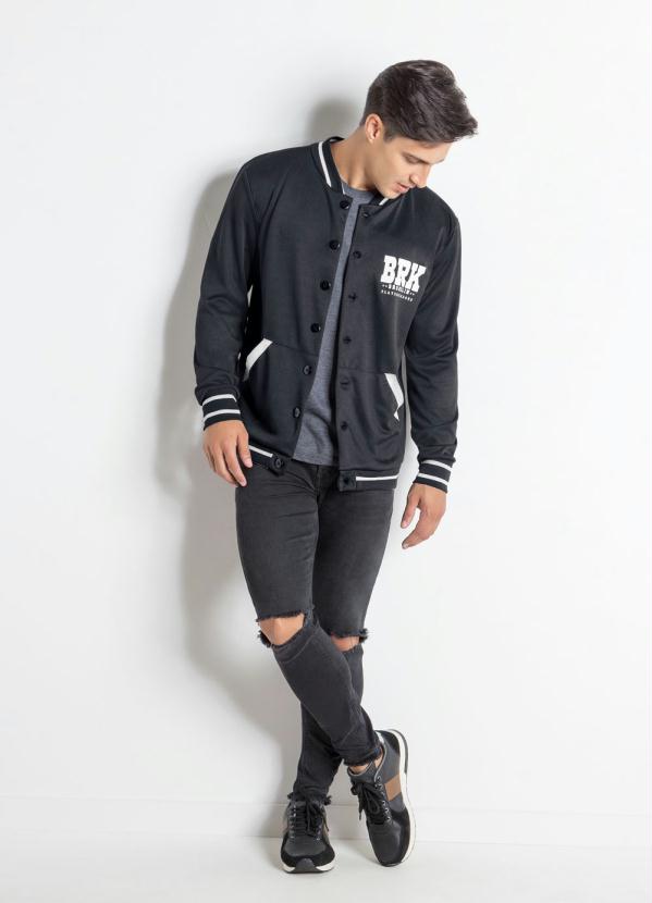 

Jaqueta Preta Bomber com Detalhes em Branco, Preto