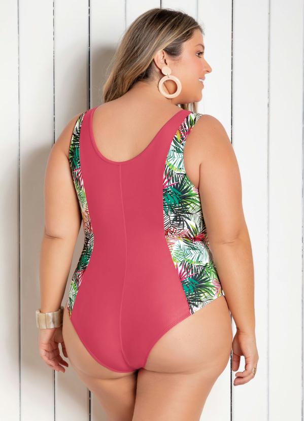 

Maiô Plus Size Rosa e Folhagem com Recorte