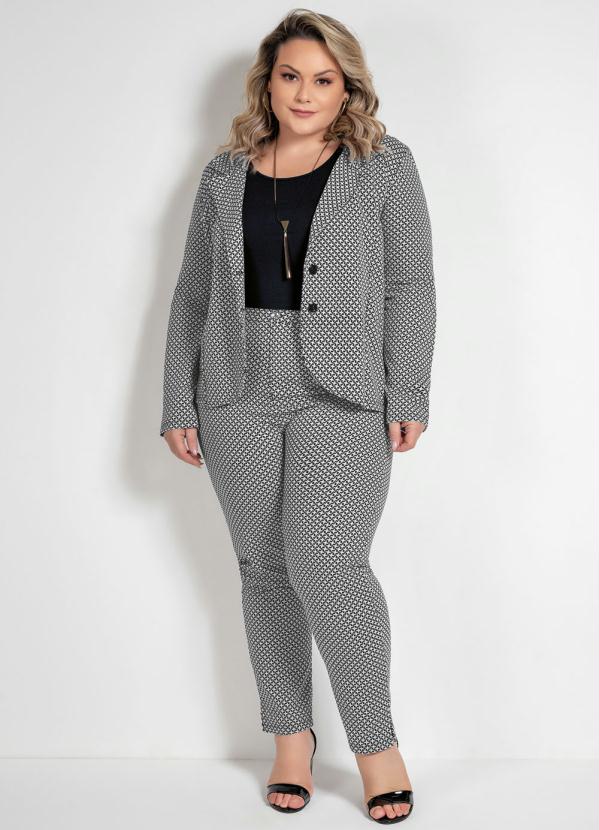 

Blazer Xadrez Plus Size com Botões, Branco