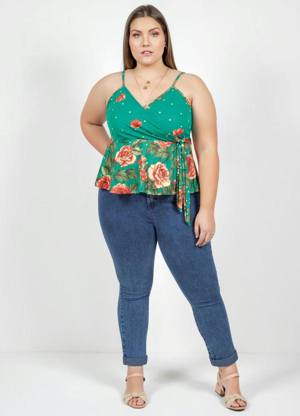 

Blusa Floral de Alças e Peplum Plus Size, Verde