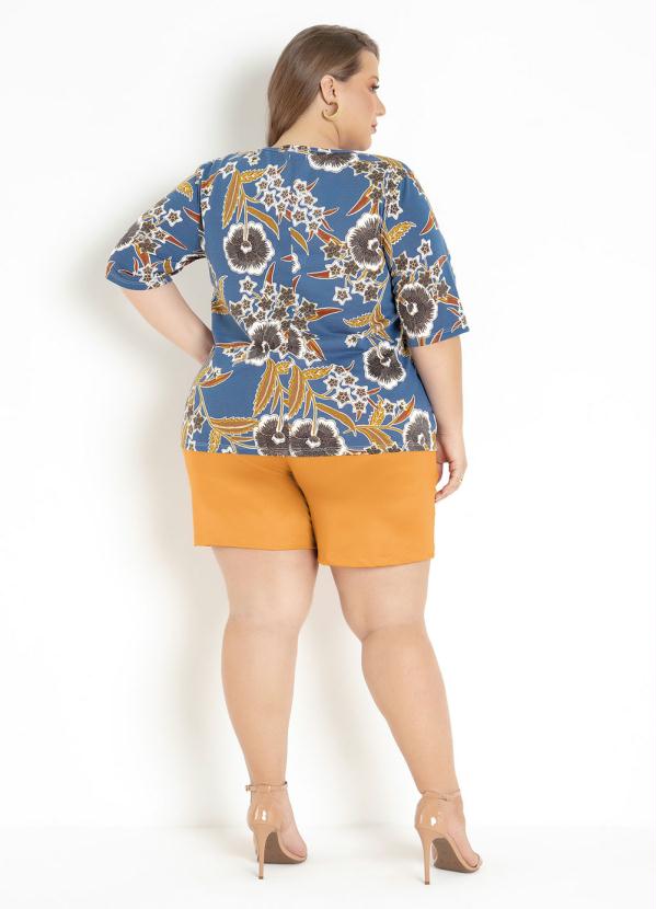 

Blusa Floral com Detalhe no Decote Plus Size, Azul