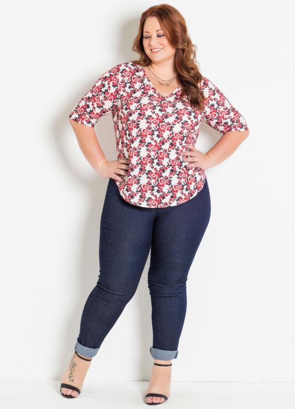 

Blusa Mangas 3/4 Plus Size Floral Bordô, Vermelho