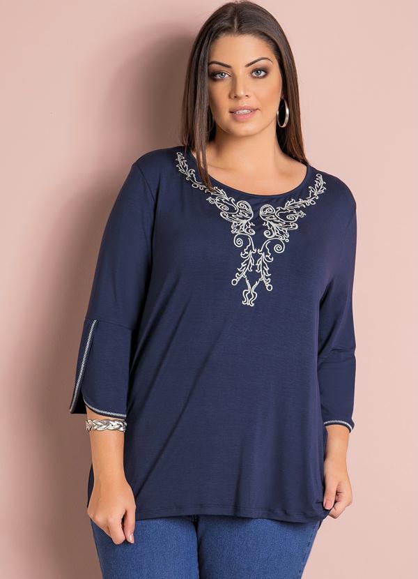 

Blusa Bordada com Mangas Sino Marinho Plus Size, Azul